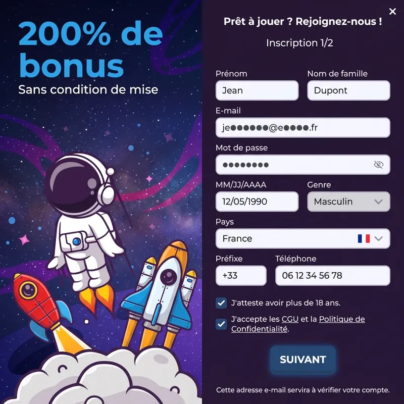 Formulaire d'inscription Jackpot Bob Casino avec champs email, mot de passe et informations personnelles